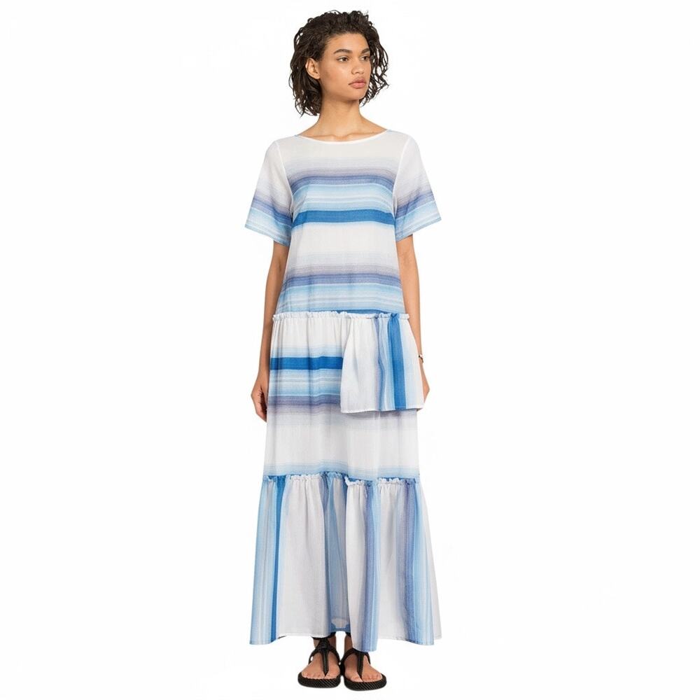 Lemlem Lightweight Striped Tiered Maxi Dress Pullover Size XS in Blue